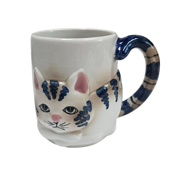Pier 1 Handpainted  3D Cat Mug‎ With Tail Handle - Picture 1 of 10